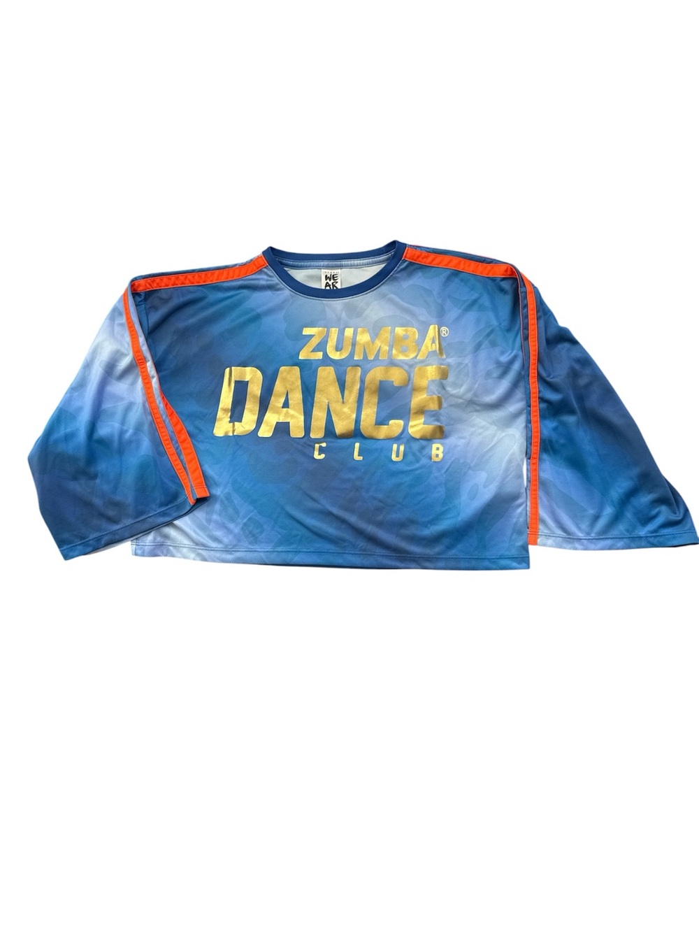 Zumba Fitness Blue Top with Orange Trim and Gold Logo